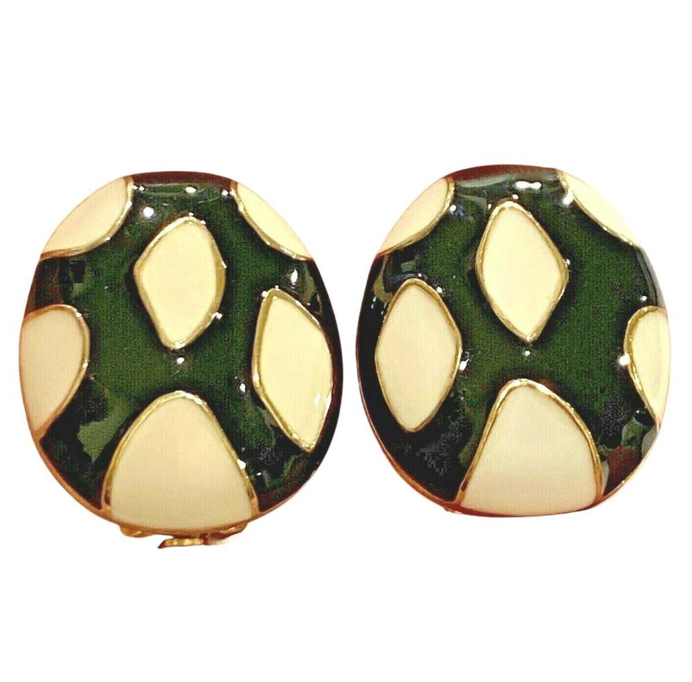 Vintage Clip On Earrings Gold Tone Black & Creamy White Enamel Career 1980's